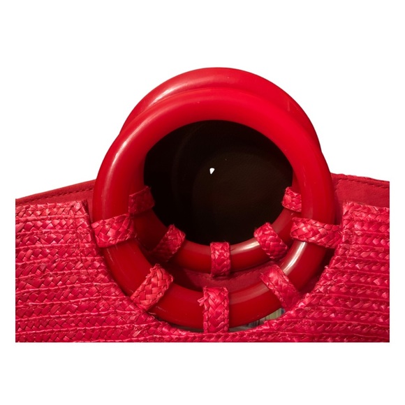 Betmar NY Hot Pink Spring/Summer Straw bag with floral accent and striped lining - Picture 3 of 7